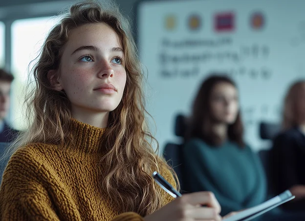 Jeune étudiante attentive aux cheveux bouclés blonds, un stylo à la main, en classe à Vineuil près de Blois dans le Loir-et-Cher 41